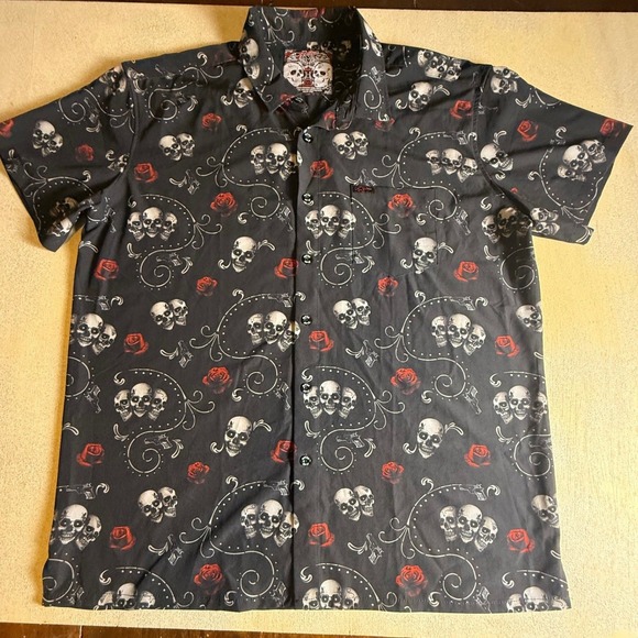 Retro Rifle Other - Retro Rifle Skull Rose Graphic Short Sleeve Button Up Shirt 2XL-974